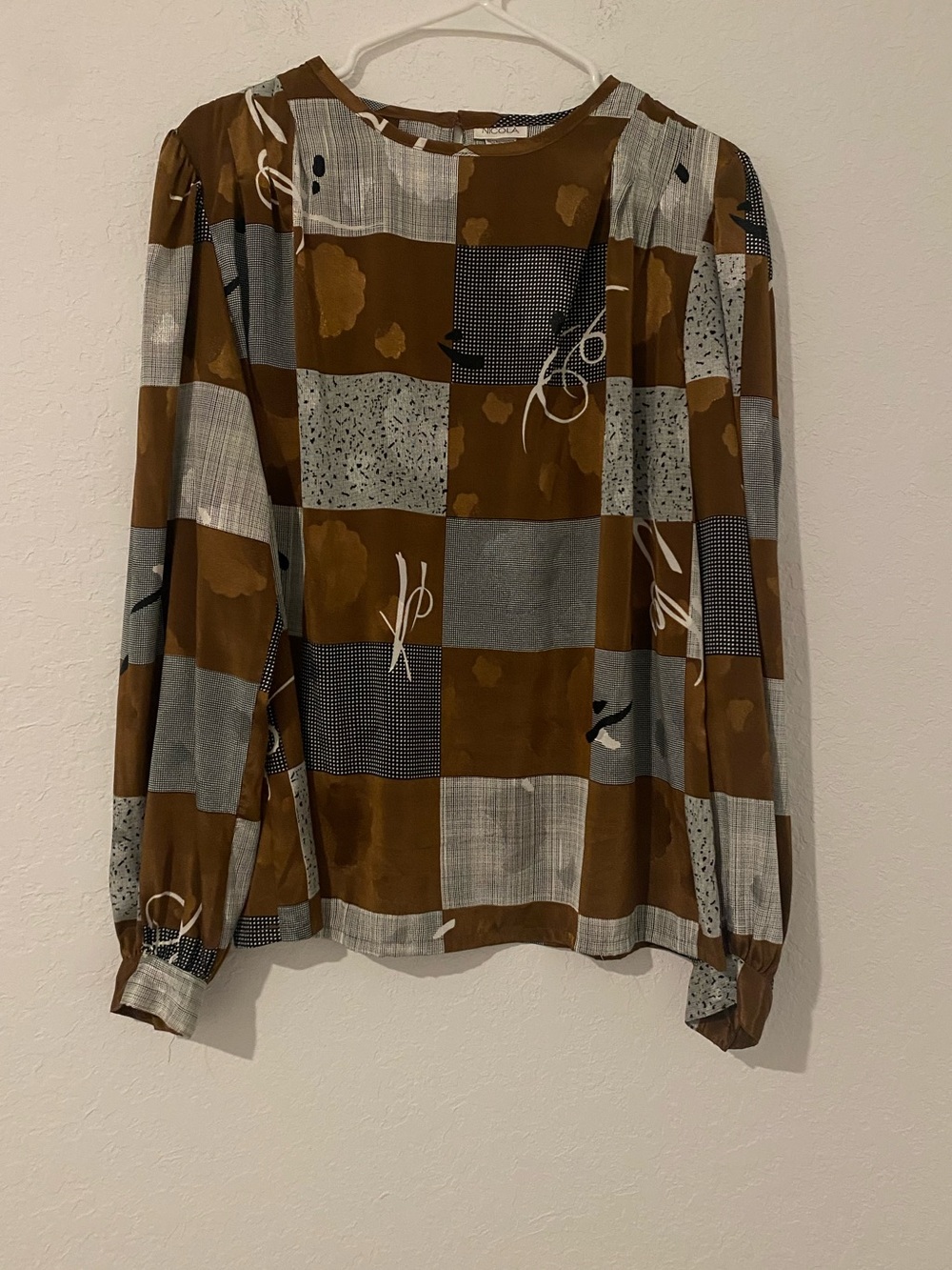 NICOLA Brown and Gray Patchwork Long-Sleeve Blouse